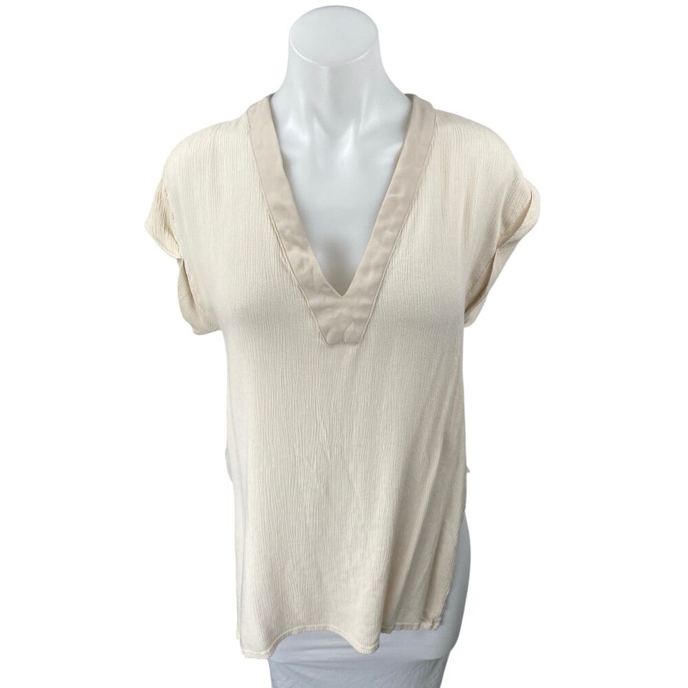 Zara Women's Cream Tan Plunge V-Neck Short Sleeve Shirt Blouse Tunic Top Size M